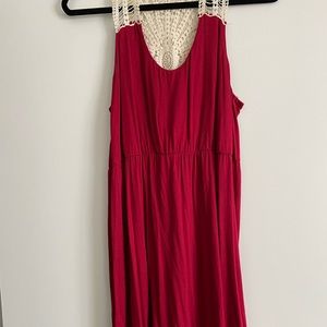 Red shallow scoop front dress with lace back desig